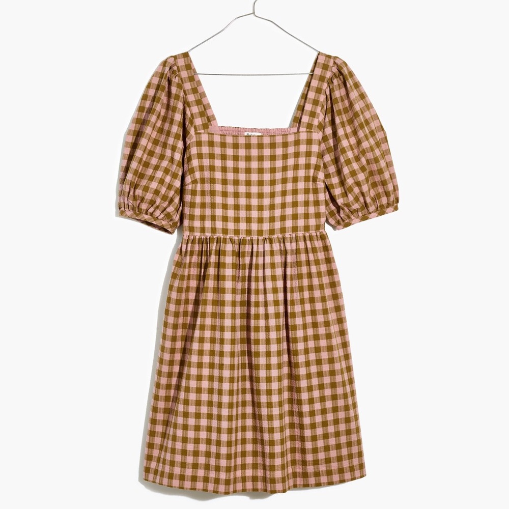 Madewell Plus Square-Neck Puff-Sleeve Dress in Gingham Seersucker size XXL